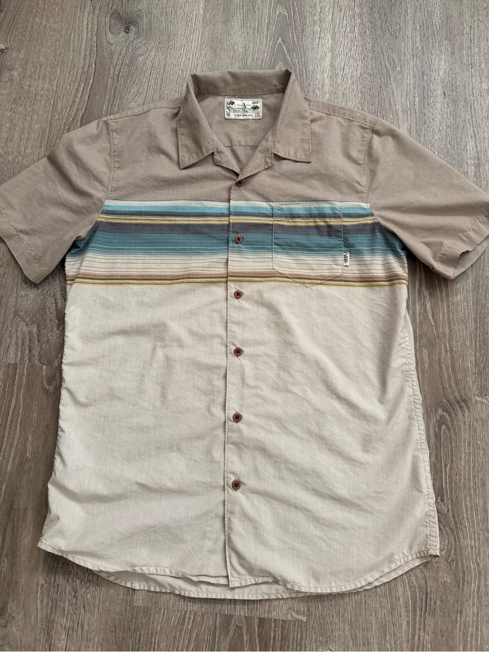 Van’s Men's Short Sleeve Button-Up Shirt in Beige with Multicolor Stripe